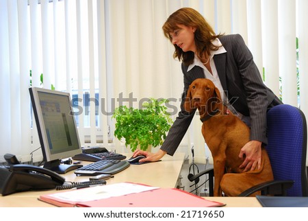 dog and business woman together in the office