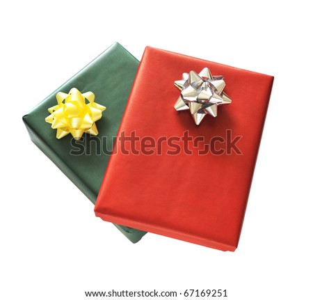 red and green gift box with gold and silver ribbon on white background