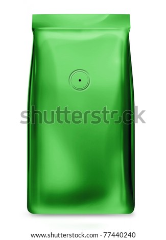green foil package bag with valve isolated on white background