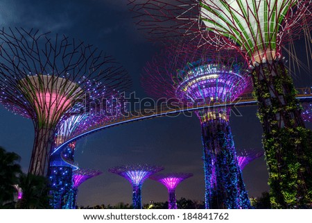 SINGAPORE-FEB 14: Night view of The Supertree Grove at Gardens by the Bay on FEB 14, 2014 in Singapore. Spanning 101 hectares, and five-minute walk from Bayfront MRT Station.