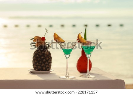 Sunset Vacation On Beach Sea View With Cocktail