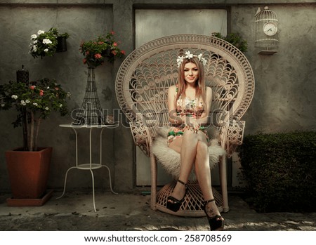 Beautiful Young Woman Relaxing At Pink Chair In The Garden With Vintage Retro Scene