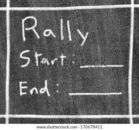 Rally start and end charcoal text on black board