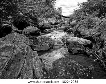 River and rock in the mountain, black and white color