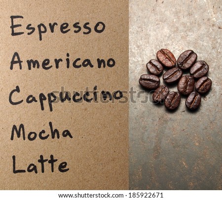 Coffee menu with Roasted Coffee beans on texture board