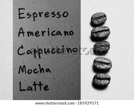 Coffee menu with Roasted Coffee Beans on paper texture, retro monotone color background