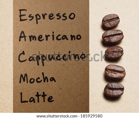 Coffee menu with Roasted Coffee Beans on paper texture