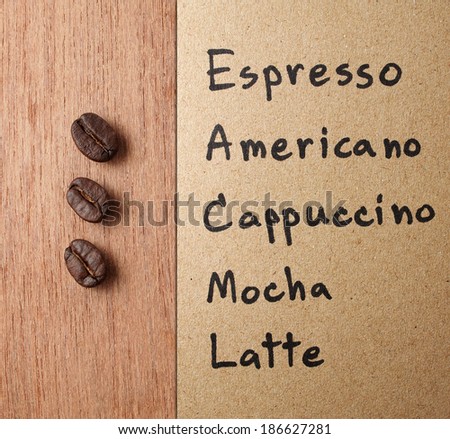 Coffee menu with Roasted Coffee beans on wood texture background