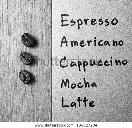 Coffee menu with Roasted Coffee beans on wood texture ,monotone background
