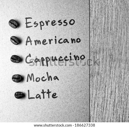 Coffee menu with Roasted Coffee beans on paper and wood texture background