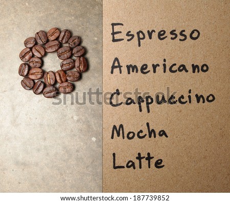 Roasted Coffee Beans on retro texture board and coffee menu background