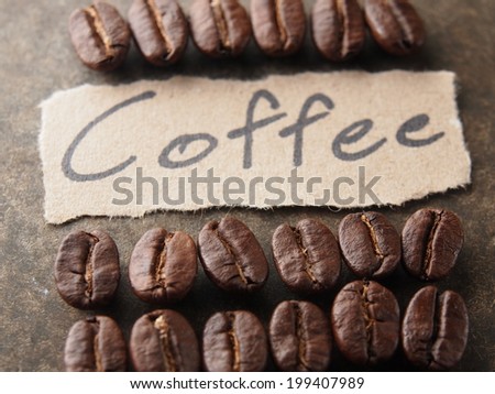 Coffee crop beans with text paper on wood texture background