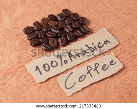 Coffee text paper with Coffee crop beans on fabric texture  background