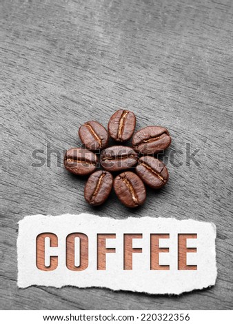 Coffee crop beans with paper and text on wood texture background