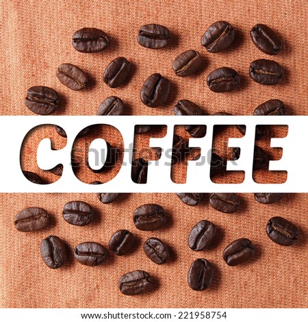 Coffee text banner with coffee crop beans on fabric texture