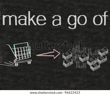 business idioms make a go of written on blackboard with shopping cart and money