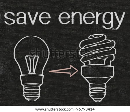 save energy written on blackboard background with light bulb