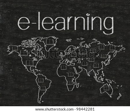 e learning with world map written on blackboard background high resolution