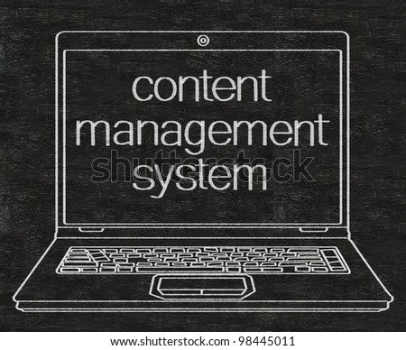 content management system with computer screen written on blackboard background high resolution