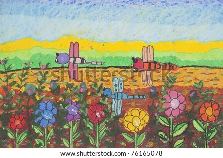 stock photo Butterfly and flower as free hand drawing by crayon color 