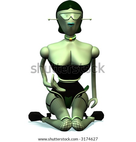 Female robot, that kneels on the ground,