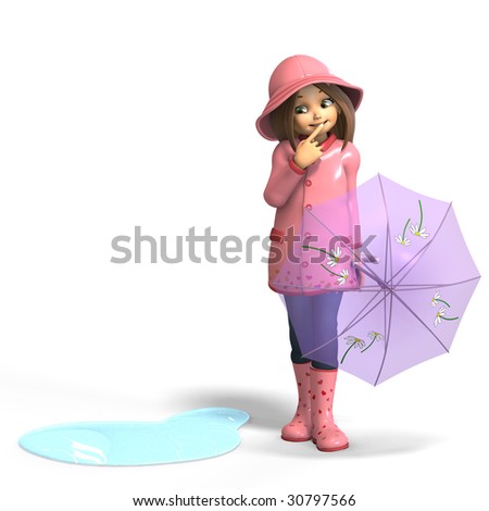 stock photo cute litte toon girl has fun in rain with clipping path and