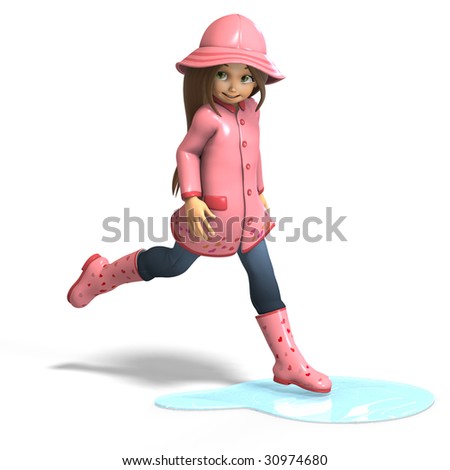 stock photo cute litte toon girl has fun in rain with clipping path and