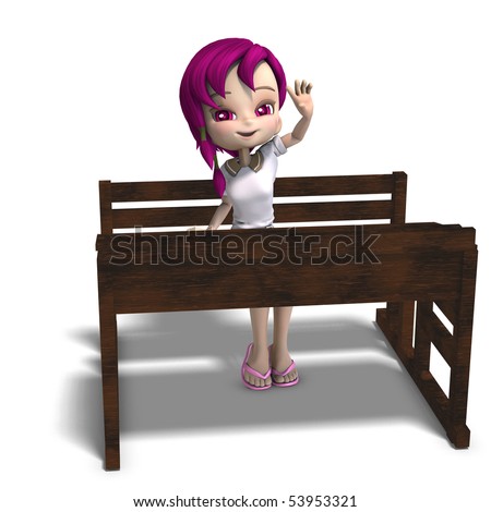 stock photo : cute little cartoon school girl sitting on a school form.