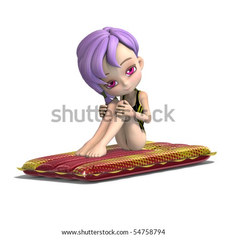 stock photo : cute cartoon girl sitting on an inflatable bed.