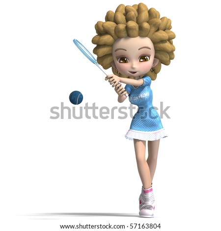 stock photo : funny cartoon girl with curly hair plays tennis.