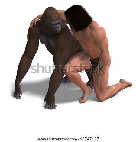 the apeman and the gorilla are ground friends. 3D rendering with clipping path and shadow over white - stock photo