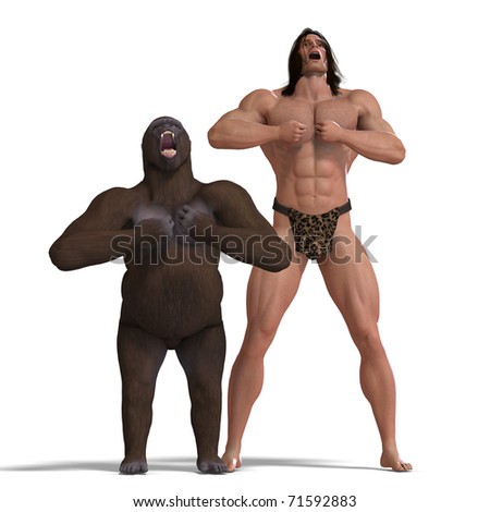 an apeman and gorilla are friends. 3D rendering with clipping path and shadow over white - stock photo