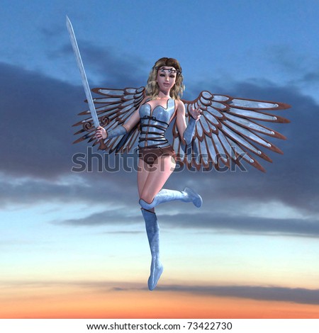 Female Fantasy Angel with sword. 3D rendering over fantasy heaven
