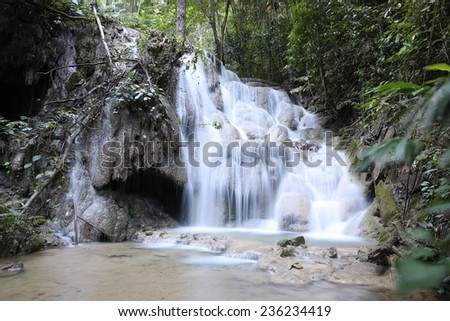 Pukang Waterfall, Paradise waterfall in Tropical rain forest of Thailand , water fall in deep forest at border of Chaing rai and phayao province Thailand .