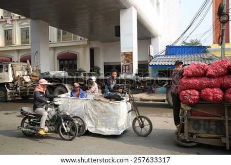 POIPET, CAMBODIA January 28, 2015: Unidentified merchandise at Border crossing between Thailand and Cambodia in the city of Poipet. It is rated as one of the most scammed borders in South East Asia.