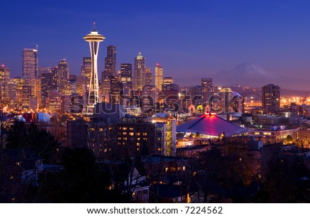 Seattle Postcard - easily recognizable Seattle skyline with Space Needle and Mount Rainier on the background