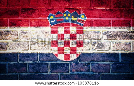 Collection of european flag on old brick wall texture background, Croatia