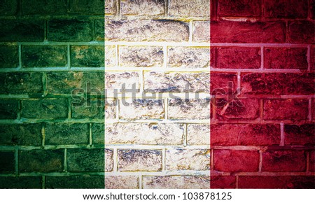 Collection of european flag on old brick wall texture background, Italy