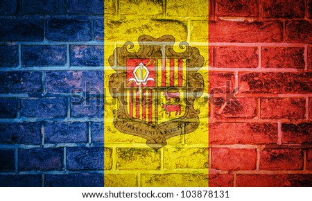 Collection of european flag on old brick wall texture background, Andorra