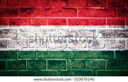 Collection of european flag on old brick wall texture background, Hungary