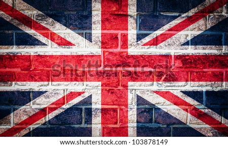 Collection of european flag on old brick wall texture background, UK
