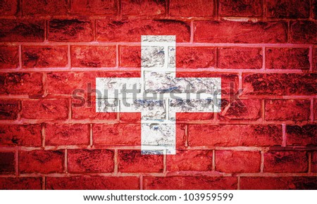 Collection of european flag on old brick wall texture background, Switzerland