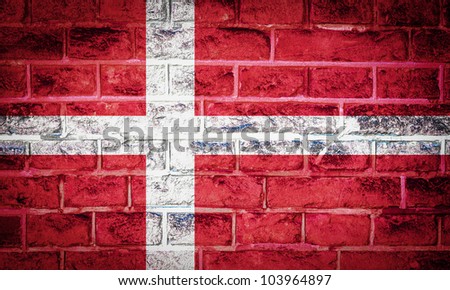 Collection of european flag on old brick wall texture background, Denmark