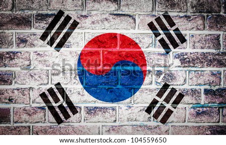 Collection of Asian flag on old brick wall texture background, south korea