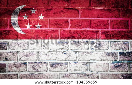 Collection of Asian flag on old brick wall texture background, Singapore