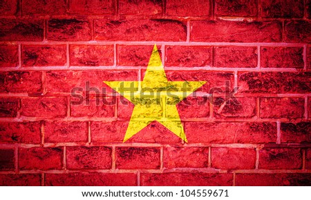 Collection of Asian flag on old brick wall texture background, China