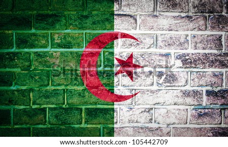 Collection of european flag on old brick wall texture background, algeria