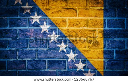 Collection of european flag on old brick wall texture background, Bosnia