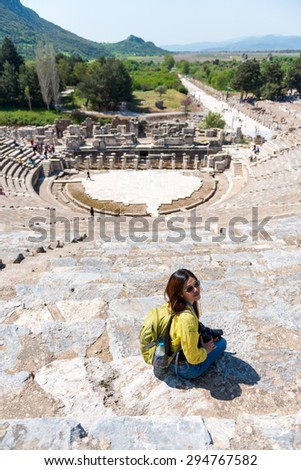 EPHESUS, TURKEY - APRIL 13 : Tourists on Amphitheater (Coliseum) in Ephesus Turkey on April 13, 2015. Ephesus contains the ancient largest collection of Roman ruins in the eastern Mediterranean