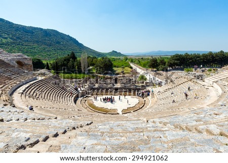 EPHESUS, TURKEY - APRIL 13 : Tourists on Amphitheater (Coliseum) in Ephesus Turkey on April 13, 2015. Ephesus contains the ancient largest collection of Roman ruins in the eastern Mediterranean.